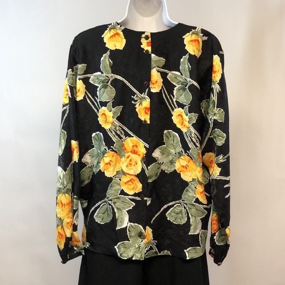 Jin Fashion Vintage Women’s Flower Print Black Blouse - Picture 3 of 13